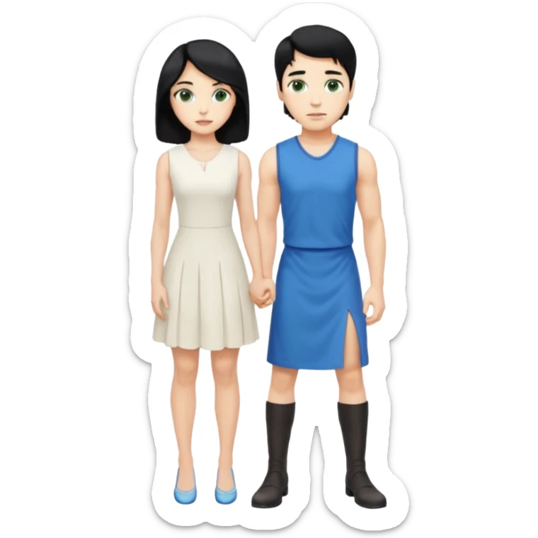 prince, standing upright, black Hair, blue eyes, garment,  woman, bending knee, white sleveless dress, blonde hair, green eyes, sticker