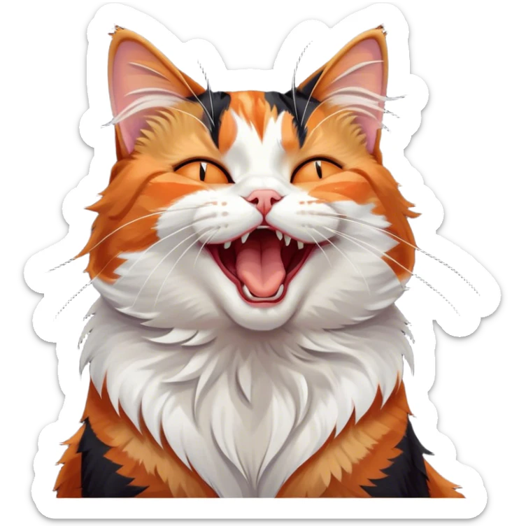 Cinematic Cute Yawning Calico Cat Portrait Emoji, Head tilted mid-yawn with a charming, relaxed expression, showcasing a soft patchwork fur of vibrant orange, black, and white, simplified yet irresistibly adorable, highly detailed, glowing with a cozy, gentle radiance, high shine, exuding sleepy yet endearing charm, styled with a soft glowing outline, capturing the essence of a calico cat caught in a delightful yawn that seems ready to cuddle up for a nap! sticker