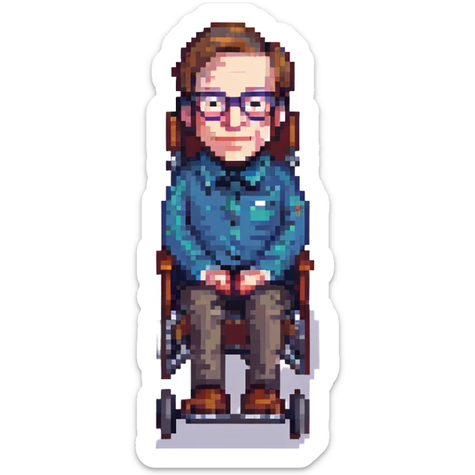 Stephen Hawking sitting in his wheelchair, wearing glasses and a gentle smile, simplified pixel art details sticker