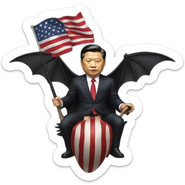 President Xi riding a animal bat with wings, with a America flag in his hand. sticker