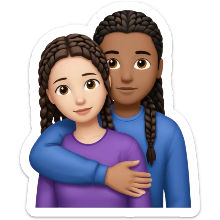 brunette girl with straight hair and medium toned guy with black cornrows hair hugging sticker