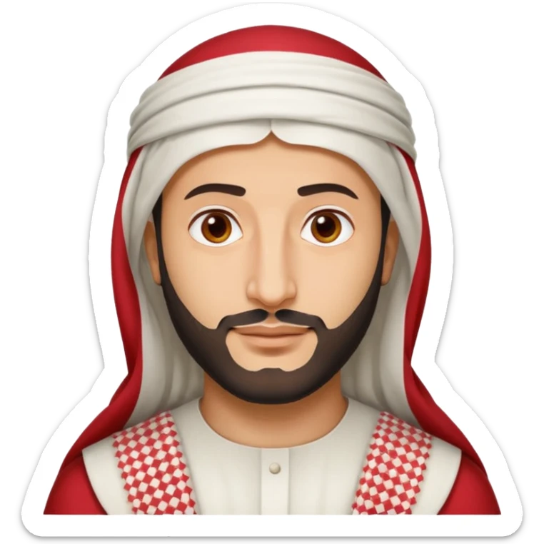 Apple emoji-style portrait of Crown Prince Mohammed bin Salman, simplified and clean, round face, friendly expression, white thobe, red-and-white checkered shemagh, minimal shading, flat colors sticker