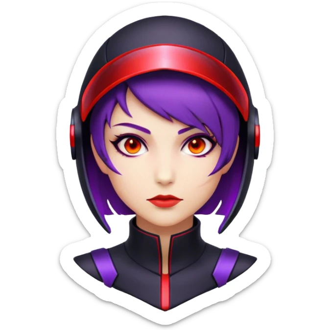 A futuristic assassin with a sleek black suit, short purple hair, and glowing red visor sticker