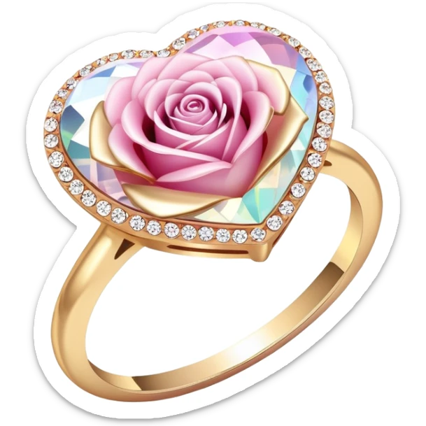 Shiny crystallic iridescent Romantic Pastel pink and gold rose heart gems crystals glimmer bling ring sticker