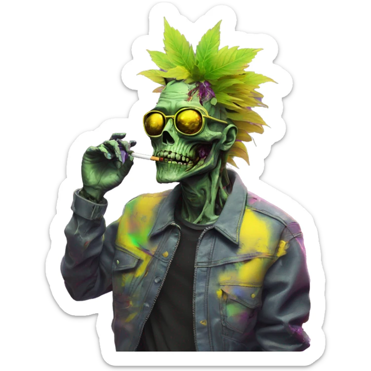 420 .Zombie_ Vaporwave black holographic oilslick zombie unicorn smoking yellow caution tape hemp leaves sticker