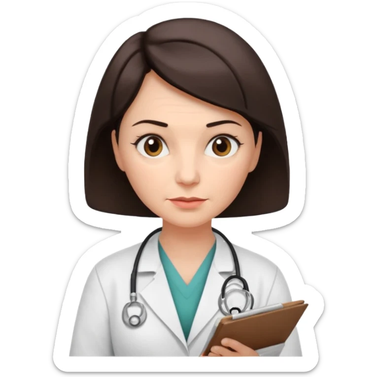 A female doctor in her 50s with visible facial wrinkles, dark brown short bob hair, looking down at and focusing on a medical chart. sticker