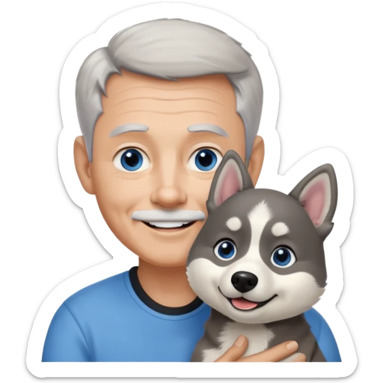 A 60 year old man with blue eyes and short light gray hair and no mustache and slightly big ears, holding a single black and white husky dog with floppy ears and white tuft eyebrows, both smiling sticker