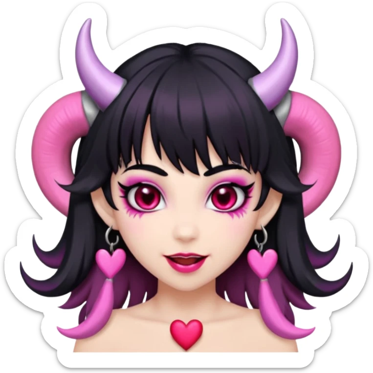 succubus,-pink-irises,-heart-pupils,-black-shaggy-hair,-straight-across-fringe,-grey-skin,-white-horns-curving-towards-forehead,-succubus-horns,-flirty-smile,-full-lips,-black-lips,-cute-fangs sticker