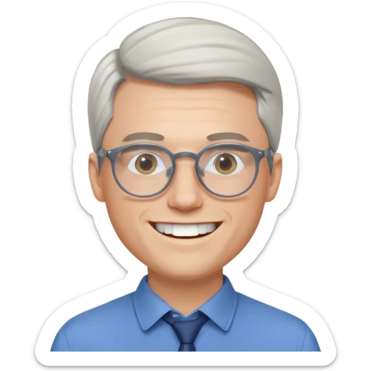 30 yr old pale white man, white/grey side swept stylish hair, round glasses, big smile, white teeth, handsome, longer hair, thin glasses, blue dress shirt sticker