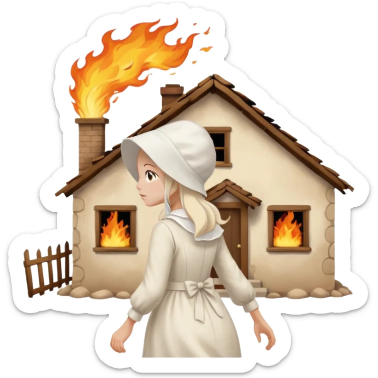 handmaids tale style woman burning house down walking away from house. shes wearing the nun hands maid tale hat cant see her face sticker