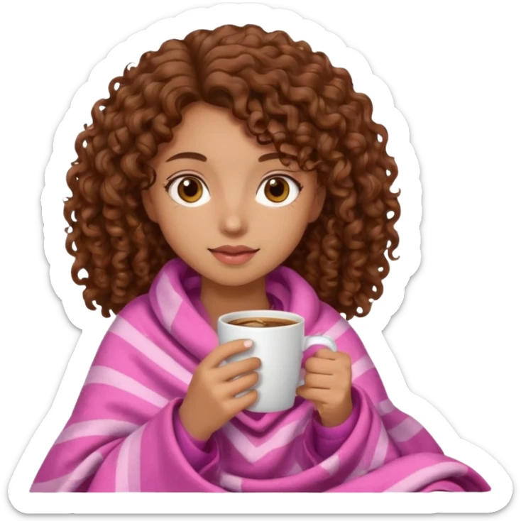 Brown eye ,brown curly hair girl with light brown skin drinking coffee with a pink blanket  sticker