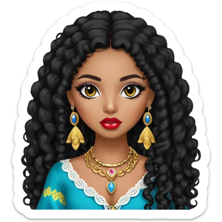 Colombian, pretty lips, colombian clothes, dark skin, long black curly hair, jewelry, pretty bratz baddie, black eyeliner sticker
