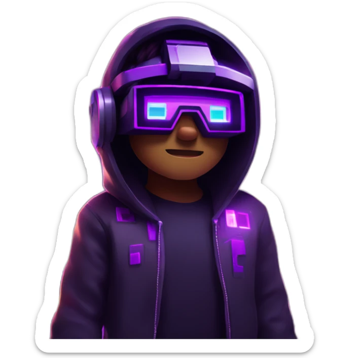 Minecraft hero wearing a black hoodie with "OMG" letters on it and VR headset in a cyberpunk VR environment with violet neon lighting. sticker