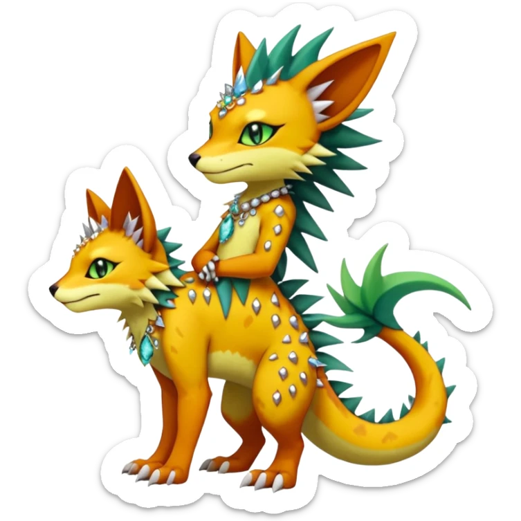 Kawaii cute reddish orangish yellowish greenish exotic tropical beautiful pretty elegant divine edgy feline-vernid-sergal-Fakémon-Pokémon-Digimon-fursona-animal-creature with accessories, jewelries, full body, with intricate detailed markings, spikes, crystals, fins, scales, spiny sticker