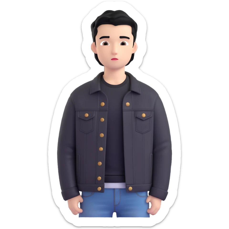 3D emoji Microsoft style, young man with black hair, wearing black t-shirt and black denim jacket, based on photo reference, neutral facial expression sticker