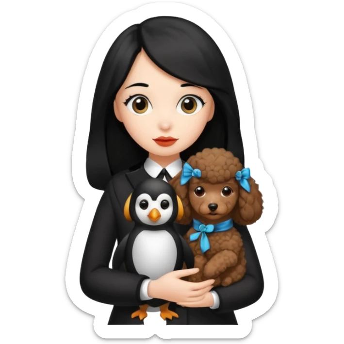 A girl who has long hair and looks like a penguin holds a brown poodle sticker