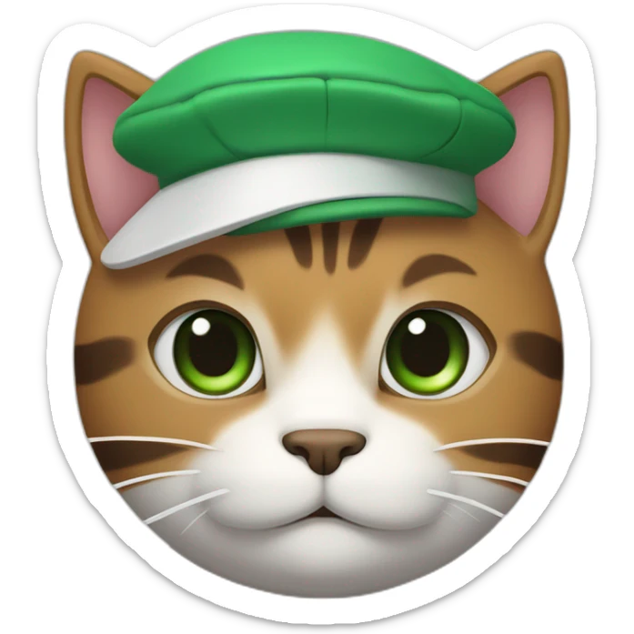 Brown cat with black stripes and white mustache and the contour of the white mouth and green eyes with a brush pencil and a beret sticker