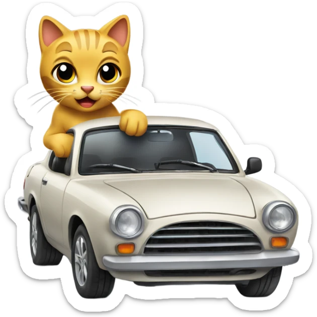A cartoon emoji-style car with a curious cat peeking out from the open hood of the engine compartment. sticker