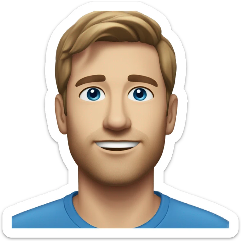 A head and shoulders shot of a 33 year old Caucasian man, with short brown hair,   with blue eyes wearing a t-shirt. sticker