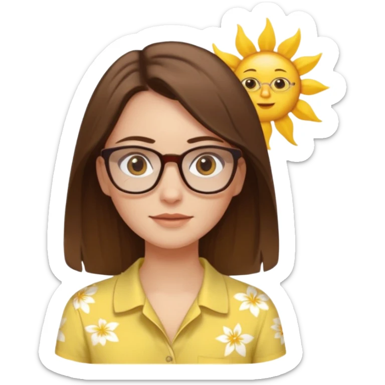 Hawaii female with white skin. Shoulder length straight brown hair. Brown eyes with glasses. Female wearing baby yellow shirt. sticker