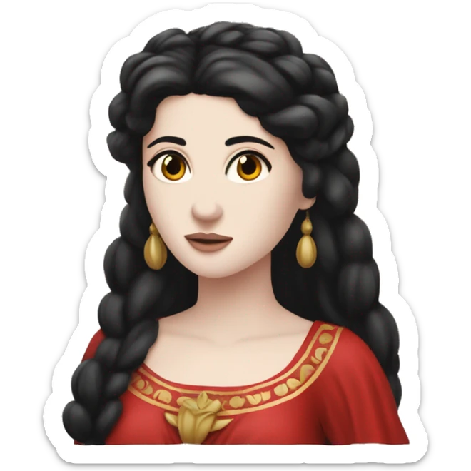 goddess persephone with dark black hair, pale skin, and a red Greek dress ￼ sticker