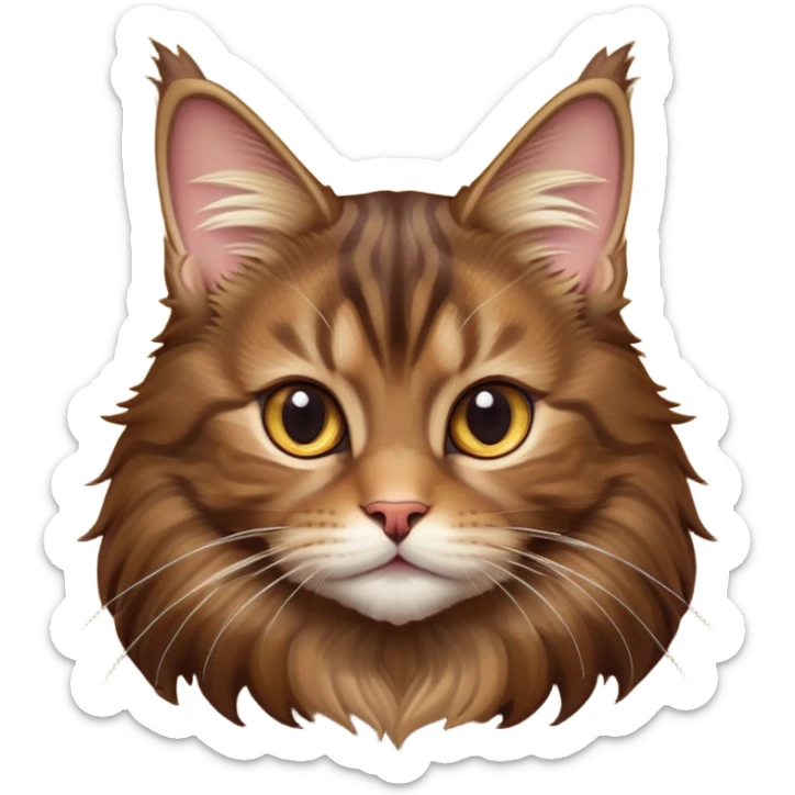 cinematic-cute brown-maine-coon-cat-portrait-emoji,-head-tilted-playfully-and-inquisitively,-sleek--brown-and-gold-tones-with-hints-of-deep-auburn-fur,-simplified-yet-adorable-features,-highly-detailed,-glowing-with-a-warm,-friendly-glow  sticker