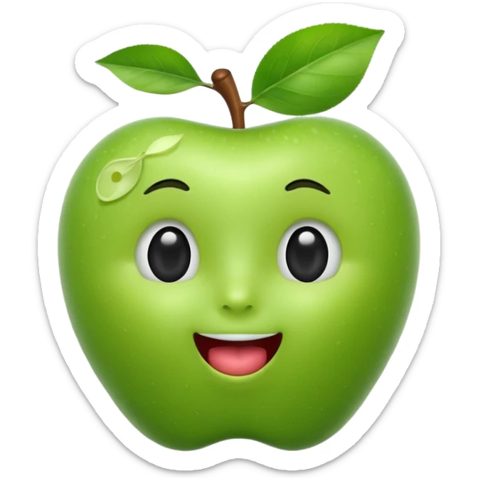 3D iOS-style emoji of a green apple with a cute human face: glossy, soft shading, big black eyes, tiny nose, open mouth with tongue, stem and leaf on top, white background sticker