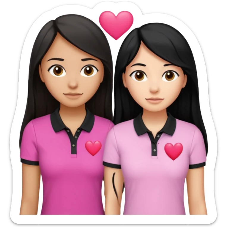 Dos mujeres juntas que una sea de color trigueña y de color blanca, cabello largo negro sea la de piel blanca y la de piel trigueña cabello castaño raya en medio, tengan polo blanco y negro y tengan un corazon rosado arriba sticker