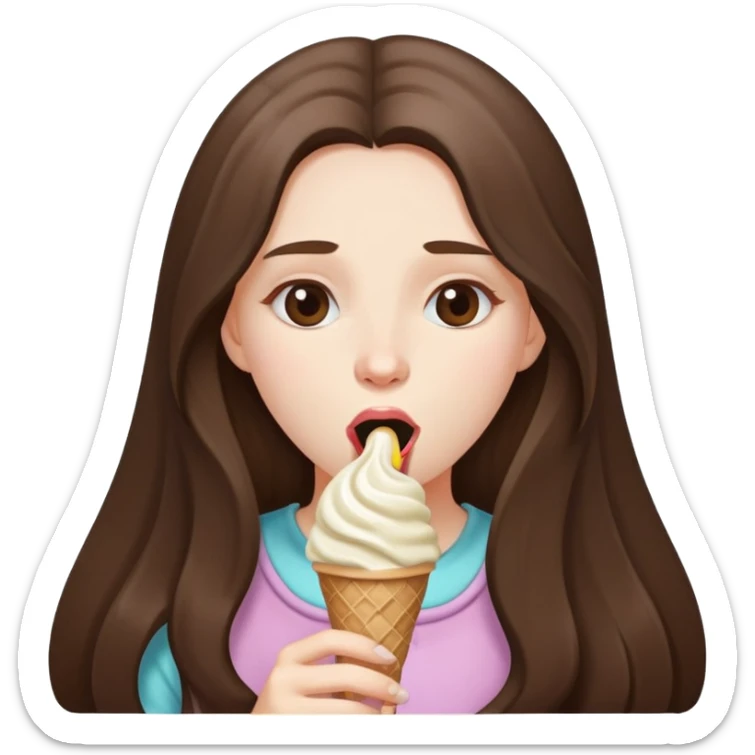 beautiful pale brunette girl with long hair enjoying an ice cream mouth closed sticker