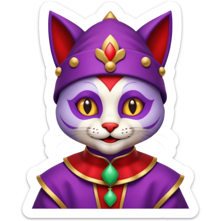 crazy colorful cute little cat jolly joker from poker, medieval, vintage, court jester, mac os icon, purple and red color, half body sticker
