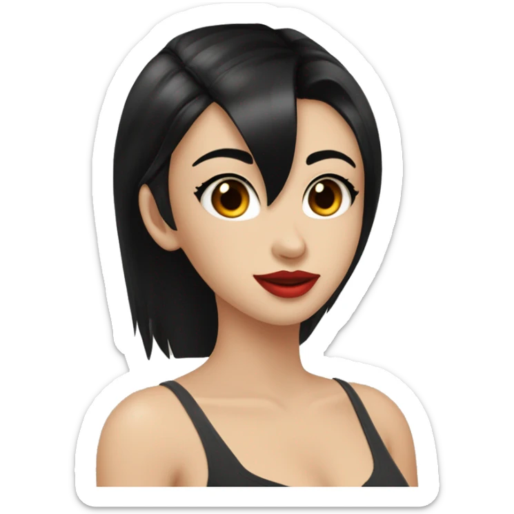 pretty girl with black hair reaching below the armpits with hime cut hairstyle. red lips, brown eyes, fair skin sticker