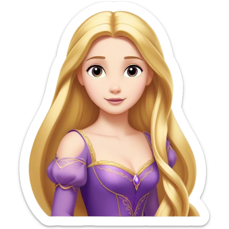 Cinematic Majestic Rapunzel Portrait Emoji, rendered in a clean, vector-style with bold, simplified shapes. Show Rapunzel with a serene, graceful expression, luminous fair skin, and elegantly styled long golden hair, accented by her classic purple gown. The design radiates a majestic, dreamlike glow with high shine and a soft glowing outline, embodying regal beauty. sticker