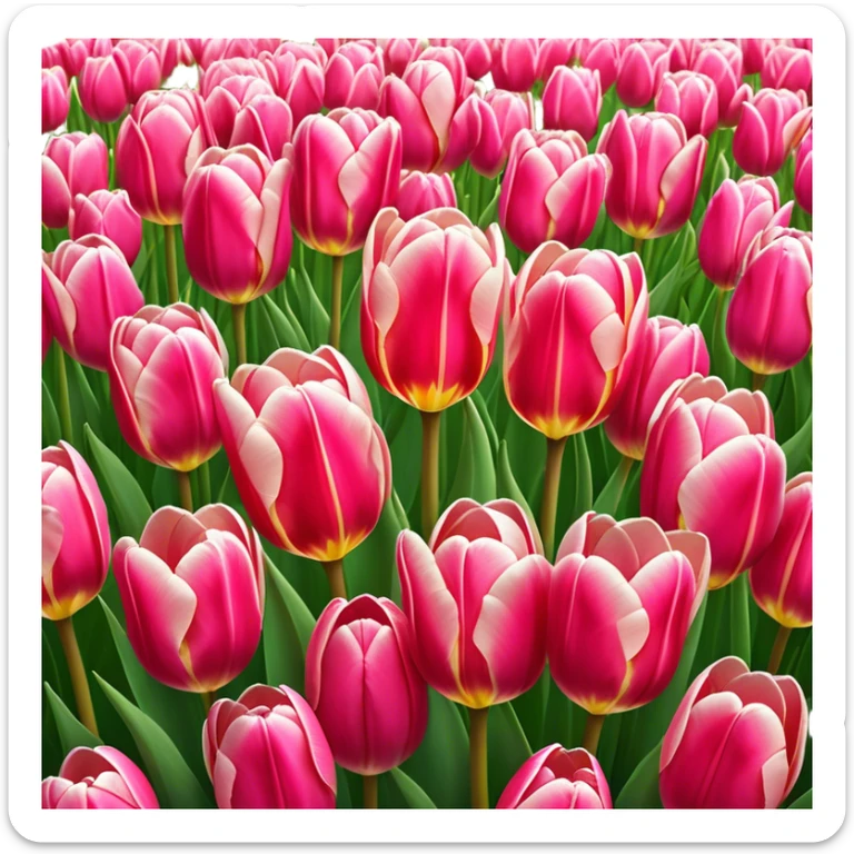 Tulips – Cinematic Realistic Tulips, depicted as a vibrant field of blooming tulips in brilliant hues, each delicate petal catching dewdrops under soft, natural spring light, rendered with detailed textures and a dreamy, picturesque glow. sticker