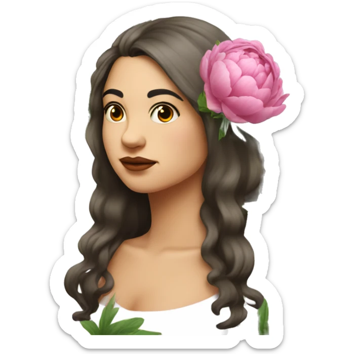 Peonies around head of a white Spanish raven brunette long hair chubby woman sticker