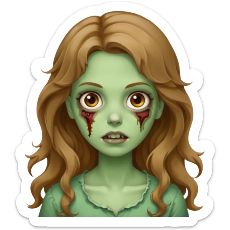 Zombie green pretty girl, wavy, long and very light brown hair and brown eyes  sticker