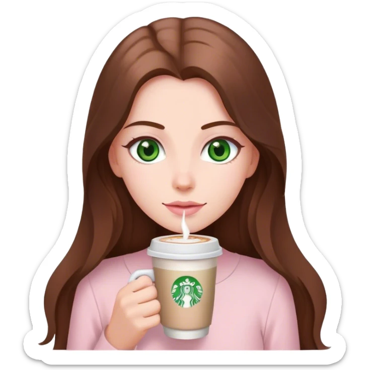 pretty woman with very long brown hair and green eyes and light pink outfit with a latte sticker