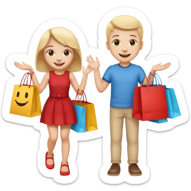 HAPPY SMILEY FACE BOY AND GIRL WITH HANDS AND FEET EMOJI WITH SHOPPING BAGS IN EACH HAND sticker
