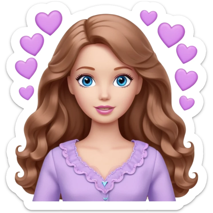 Barbie girl Chestnut long wavy hair and blue eyes is In pale purple clothes There are grey hearts all around sticker