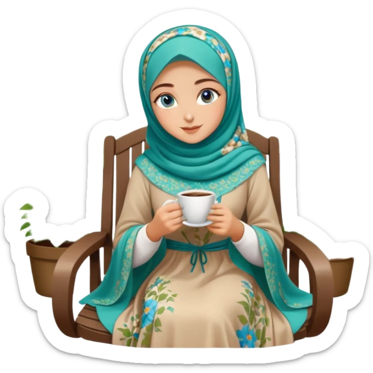 Turkish beautiful finish Konya girls blue eyes with Beautiful light brown green floral hijab long tail dress and in a lovely garden sits on the chair on the ground and holds cup coffe with her hand  sticker