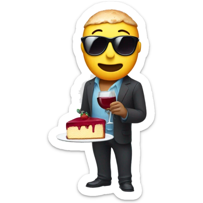 A bottle of wine character with arms, legs and sunglasses with a slice of cake in a hand sticker