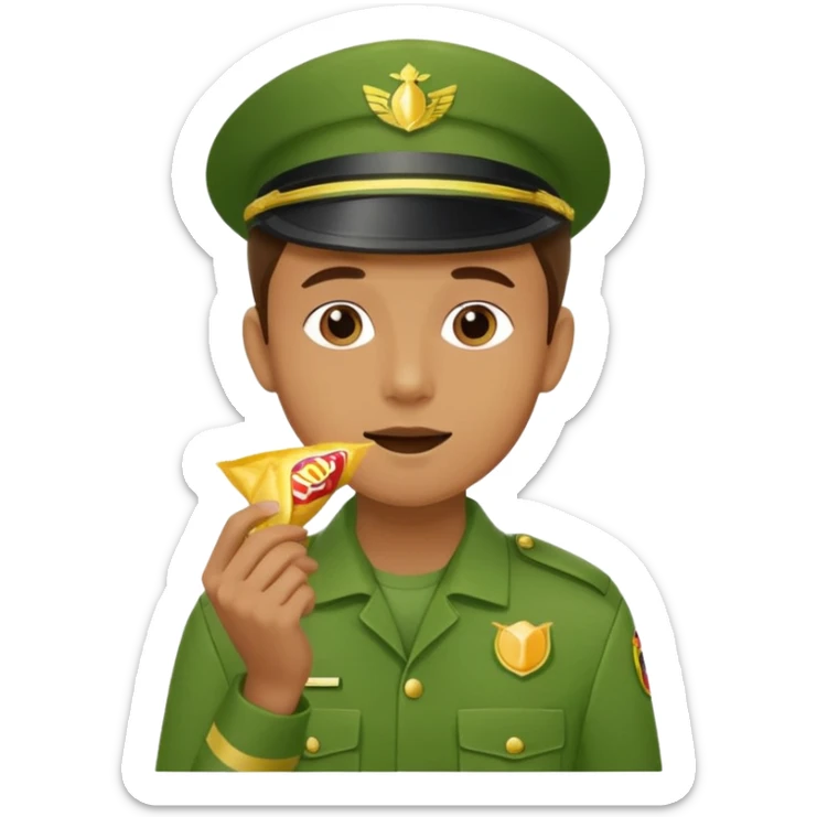 supermarket collegue wearing a green uniform and eating a packet of crisps no hat sticker