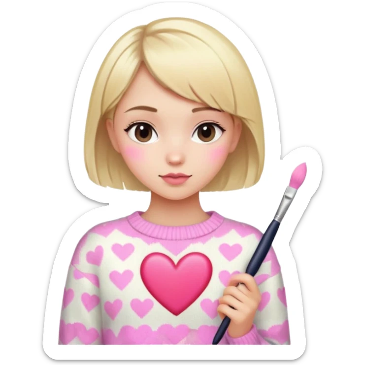 girl with short blonde hair with heart sweater and pink brushes sticker
