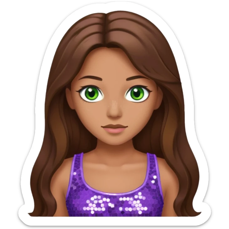 Teresa from Barbie & Friends with green eyes, long brown hair, lilac sequin crop top sticker