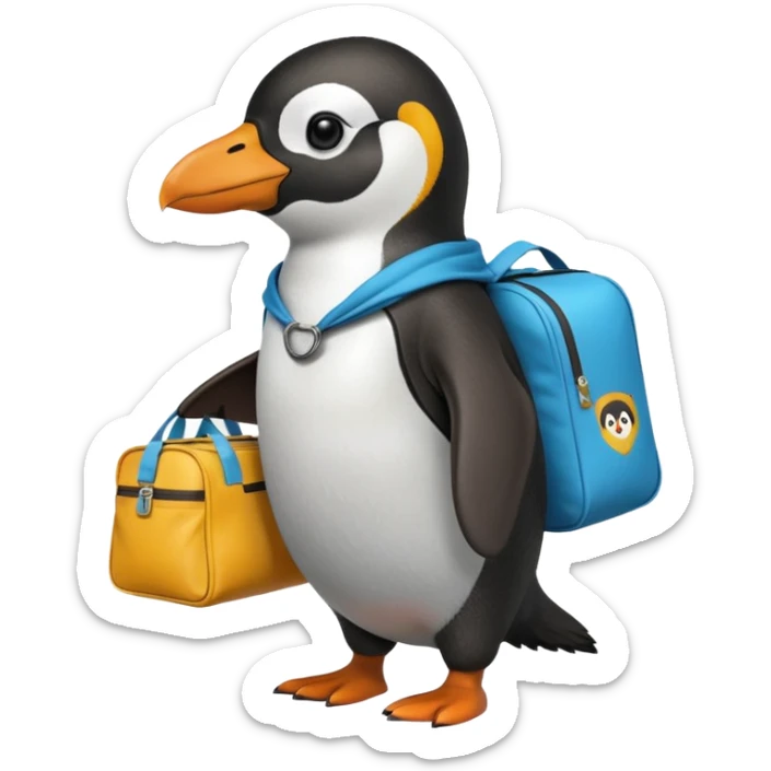 Una persona de apariencia peruana, vestida con ropa característica sin pelo montado a espaldas de un pingüino con una bolsa de la empresa de reparto glovo en la espalda sticker