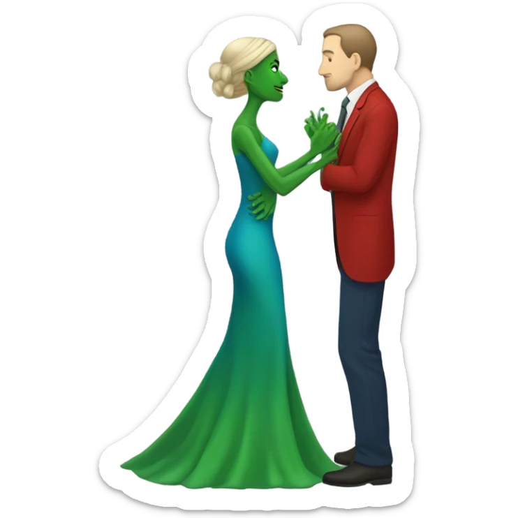 Beatiful tall green skin female reptilian in red dress, kissing white man in blue dress, full figure, full body sticker