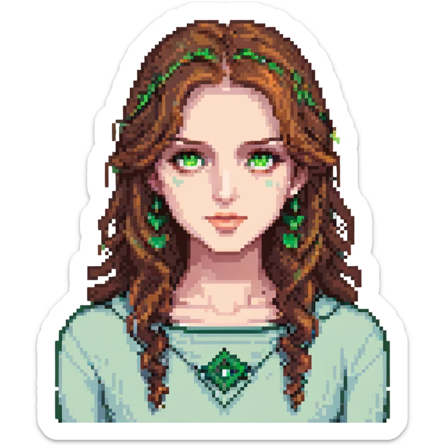 pixel art of a woman with brown hair and green eyes sticker