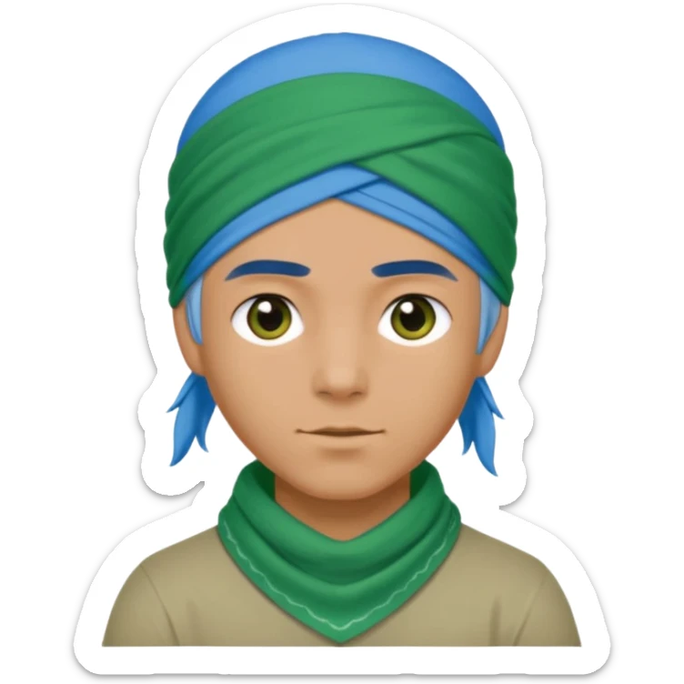 a man with half long blue hair, half short green hair and wearing head bandana sticker