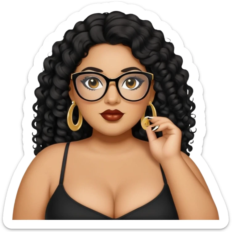 big plus size, latina, darker tan skin, long black curly hair, baddie,pretty, makeup, lipliner, black eyeliner, long hair, gold earrings, black top, black glasses sticker