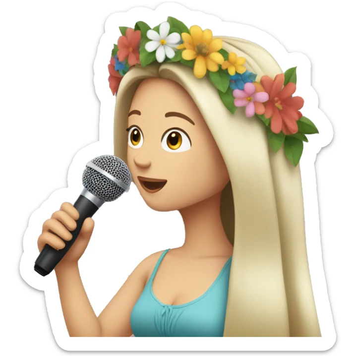 long haired white brunette woman wearing a sundress and a flower crown singing into a microphone sticker
