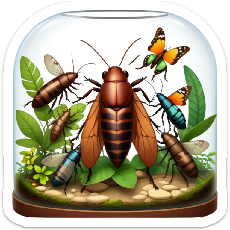 Close-up of giant Madagascar hissing cockroaches, butterflies, and stick insects inside a terrarium, with detailed textures of their bodies, wings, and legs. Soft lighting highlights their features. Transparent background. sticker